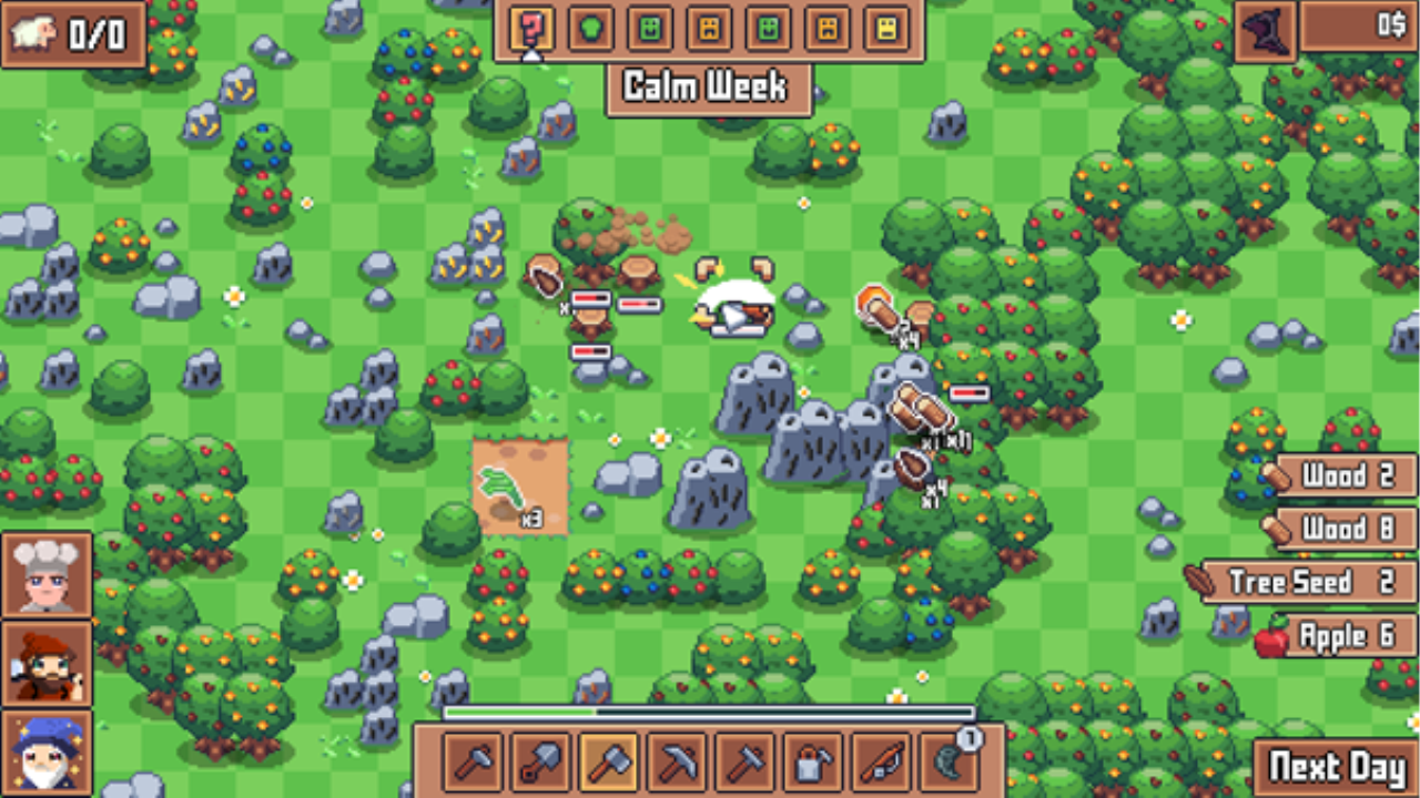 Another Farm Roguelike — exemplo de evento diário (Calm Week)