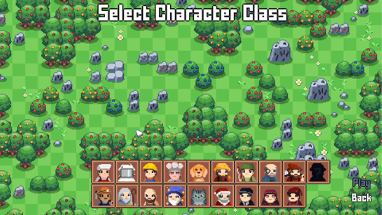 Tela de seleção de classe/personagem (Another Farm Roguelike)